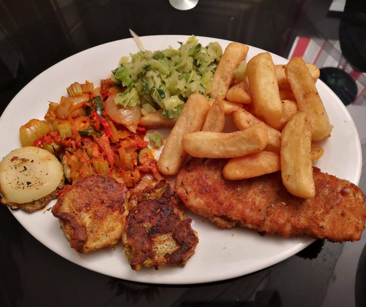 Fish & Chips with African Herbs and Spicy Veggie Mix