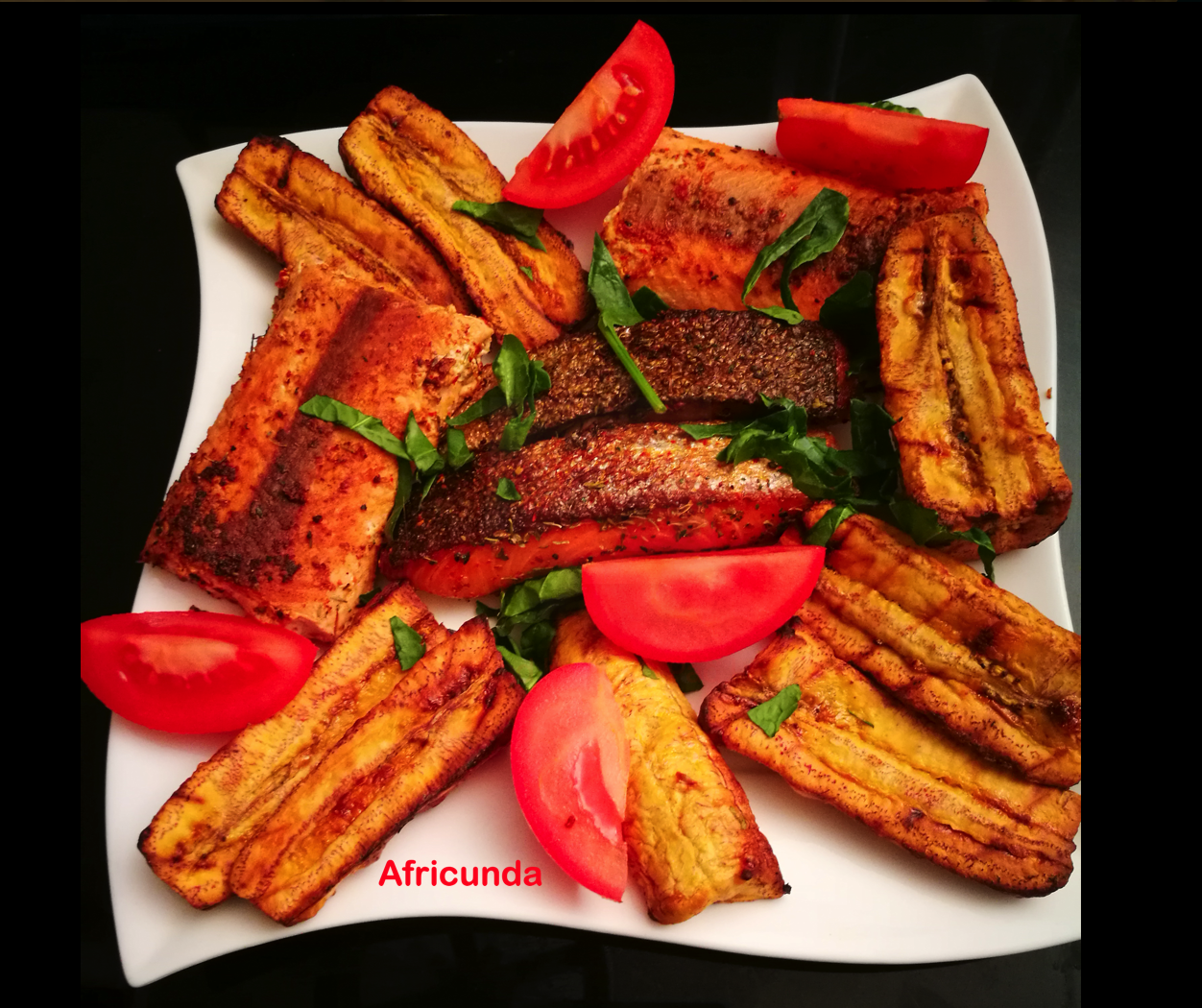 Roasted Salmon fish (or a choice of others) & Plantain.